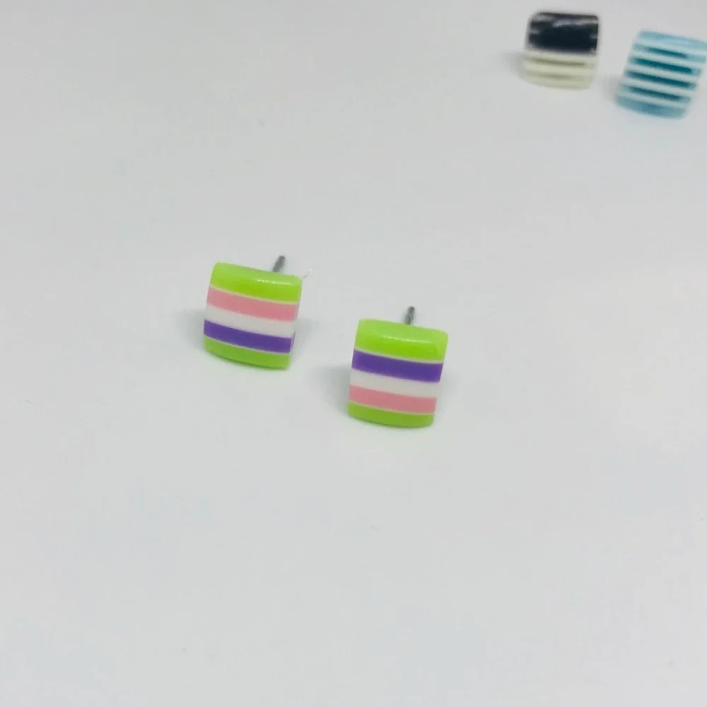 Multi Color Minimalist Repurposed Vintage Striped Bead Stud Earrings